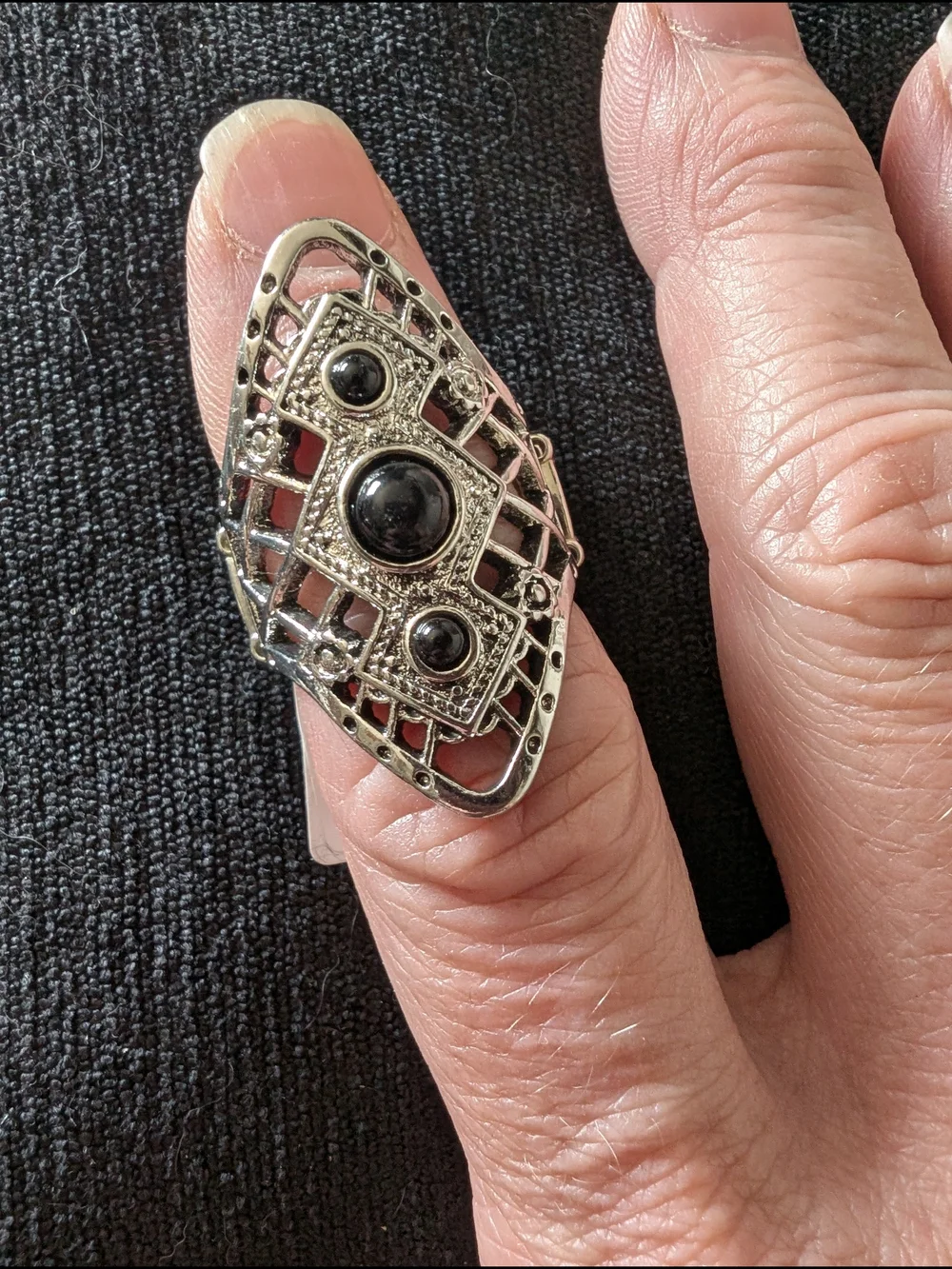 Silver-Tone Filigree Statement Ring with Black Cabochon #43